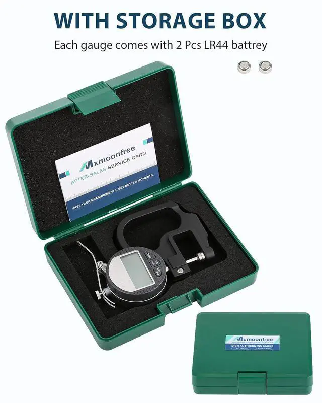 Alt view image 7 of 7 - Digital Thickness Gauge 0-12.7mm/0.5inch 0.001mm High Resolution | Micrometer flat contact plates, 28mm throat depth, constant spring tension, unit conversion, storage case, battery included