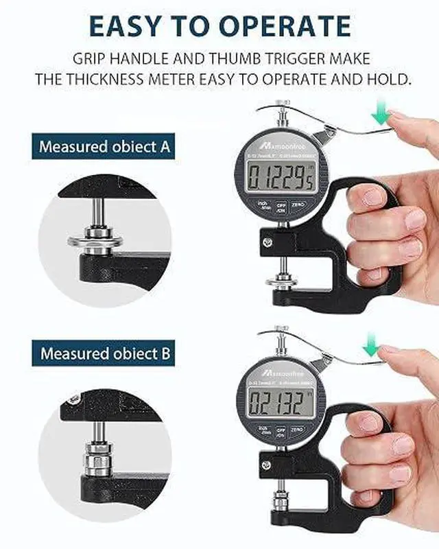 Alt view image 3 of 7 - Digital Thickness Gauge 0-12.7mm/0.5inch 0.001mm High Resolution | Micrometer flat contact plates, 28mm throat depth, constant spring tension, unit conversion, storage case, battery included
