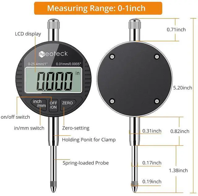Alt view image 7 of 7 - 1"/25.4mm Digital Dial Indicator 0.0005"/0.01mm Dial Test Indicator | DTI Dial Gauge with Large LCD Display,Inch/Metric Conversion,Zero Setting,Auto Off for 3D Printer Leveling CNC QC-Black