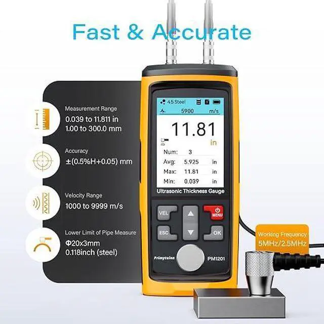 Alt view image 7 of 7 - Ultrasonic Thickness Gauge PM1301,Range 0.039 to 11.811 inch, Digital Metals Thickness Tester, Steel, Metals, Plastic, Glass, PVC, Pipes (PM1301D)