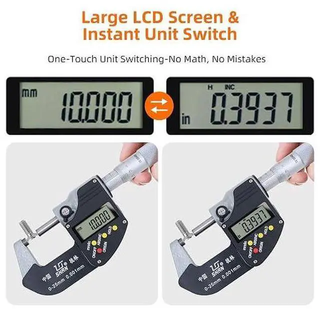Alt view image 2 of 7 - Digital Outside Micrometer, 0-1 in Range, 0.00005" Resolution, LCD Display | Micrometer Set, 0-1 inch Measuring Range, Ultra-Precision 0.0001 Accuracy, in/mm Switch, Carbide Tip, with Protective Case