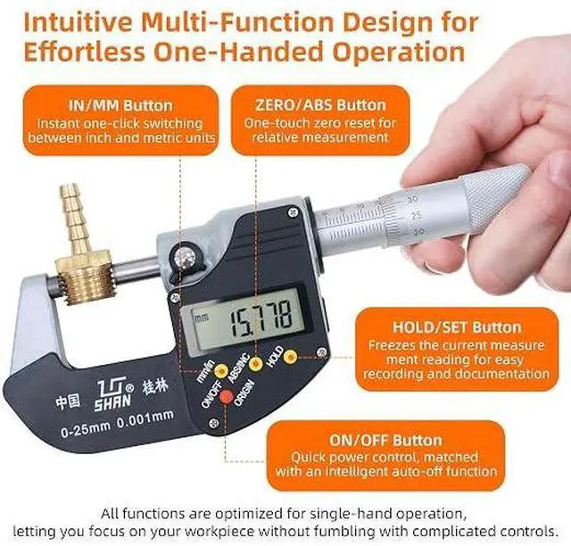 Alt view image 4 of 7 - Digital Outside Micrometer, 0-1 in Range, 0.00005" Resolution, LCD Display | Micrometer Set, 0-1 inch Measuring Range, Ultra-Precision 0.0001 Accuracy, in/mm Switch, Carbide Tip, with Protective Case