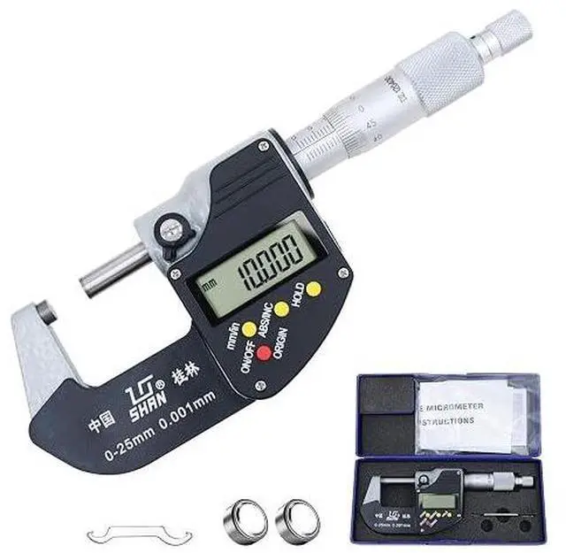 Main image of Digital Outside Micrometer, 0-1 in Range, 0.00005" Resolution, LCD Display | Micrometer Set, 0-1 inch Measuring Range, Ultra-Precision 0.0001 Accuracy, in/mm Switch, Carbide Tip, with Protective Case