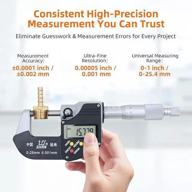 Alt view image 3 of 7 - Digital Outside Micrometer, 0-1 in Range, 0.00005" Resolution, LCD Display | Micrometer Set, 0-1 inch Measuring Range, Ultra-Precision 0.0001 Accuracy, in/mm Switch, Carbide Tip, with Protective Case