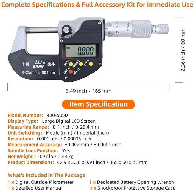 Alt view image 5 of 7 - Digital Outside Micrometer, 0-1 in Range, 0.00005" Resolution, LCD Display | Micrometer Set, 0-1 inch Measuring Range, Ultra-Precision 0.0001 Accuracy, in/mm Switch, Carbide Tip, with Protective Case