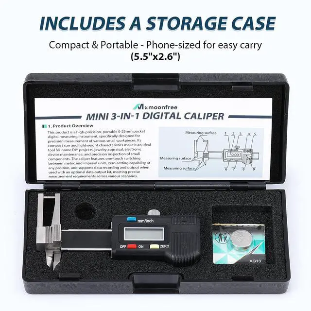 Alt view image 5 of 7 - 1" /25mm Mini Digital Caliper, OD ID & Thickness Gauge | Large LCD Display, Inch Metric Conversion, Zero Reset, Inch Metric Conversion, Hard Protective Case & Extra Battery