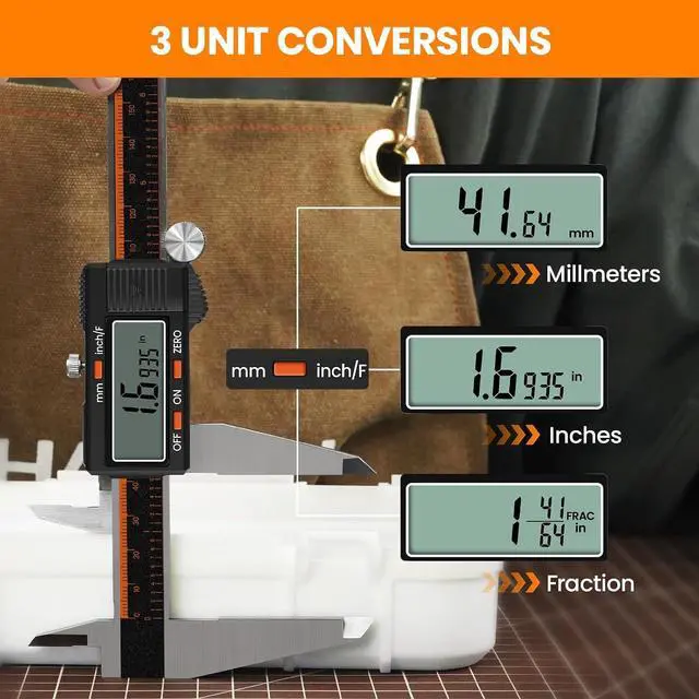 Alt view image 6 of 7 - Digital Caliper 12 Inch, Micrometer Calipers with Large LCD Screen | Stainless Caliper Measuring Tool, Inch/mm/Fraction, Auto-Off and Sturdy Case. For Automotive, Woodwork, Large Projects