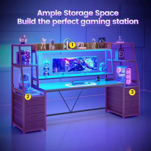 Alt view image 3 of 7 - 78.7" Gaming Desk with LED Lights, 8 Drawers and Storage Shelves, Black | Computer Desk with Monitor Stand, Hutch, Large PC Gamer Desk Workstation, Ergonomic Gaming Table for Bedroom, Living Room