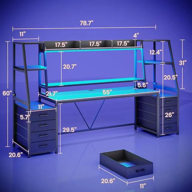 Alt view image 2 of 7 - 78.7" Gaming Desk with LED Lights, 8 Drawers and Storage Shelves, Black | Computer Desk with Monitor Stand, Hutch, Large PC Gamer Desk Workstation, Ergonomic Gaming Table for Bedroom, Living Room