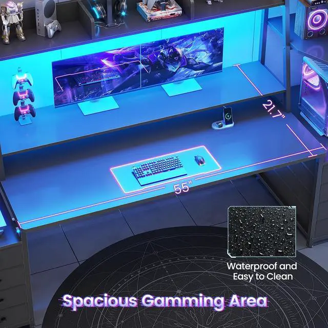 Alt view image 7 of 7 - 78.7" Gaming Desk with LED Lights, 8 Drawers and Storage Shelves, Black | Computer Desk with Monitor Stand, Hutch, Large PC Gamer Desk Workstation, Ergonomic Gaming Table for Bedroom, Living Room