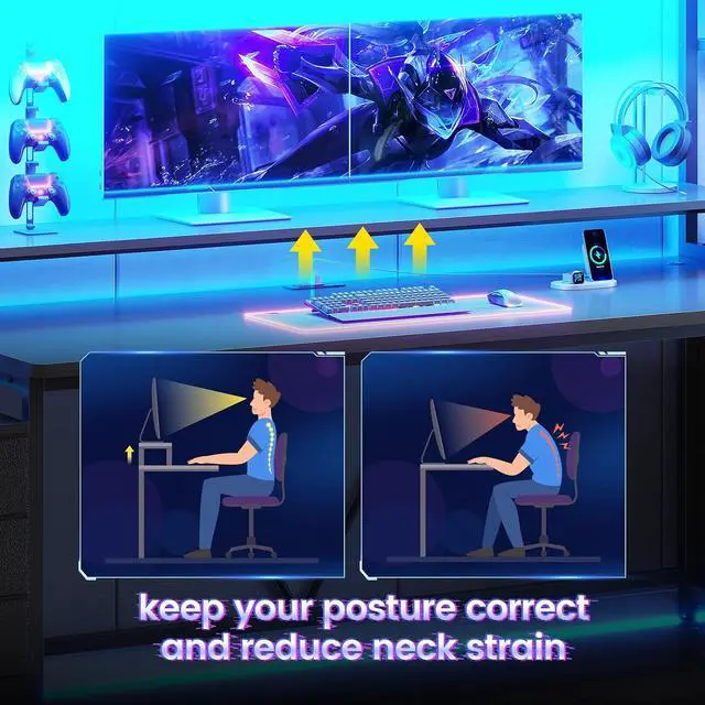 Alt view image 4 of 7 - 78.7" Gaming Desk with LED Lights, 8 Drawers and Storage Shelves, Black | Computer Desk with Monitor Stand, Hutch, Large PC Gamer Desk Workstation, Ergonomic Gaming Table for Bedroom, Living Room