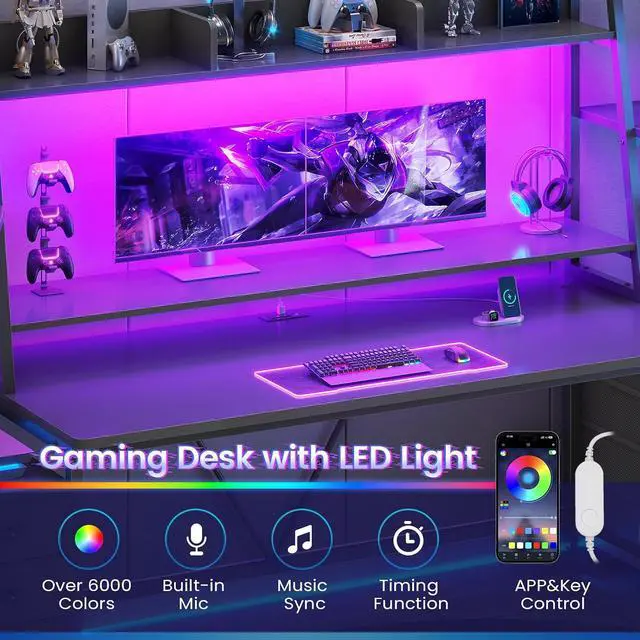 Alt view image 5 of 7 - 78.7" Gaming Desk with LED Lights, 8 Drawers and Storage Shelves, Black | Computer Desk with Monitor Stand, Hutch, Large PC Gamer Desk Workstation, Ergonomic Gaming Table for Bedroom, Living Room