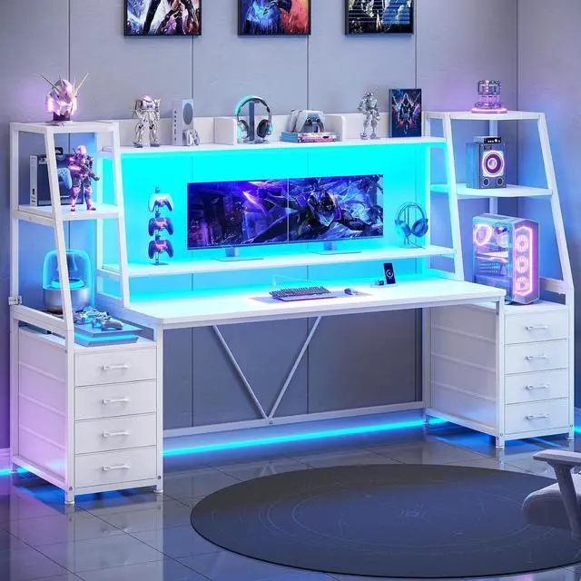 Main image of 78.7" Gaming Desk with LED Lights, 8 Drawers and Storage Shelves, White | Computer Desk with Monitor Stand, Hutch, Large PC Gamer Desk Workstation, Ergonomic Gaming Table for Bedroom, Living Room