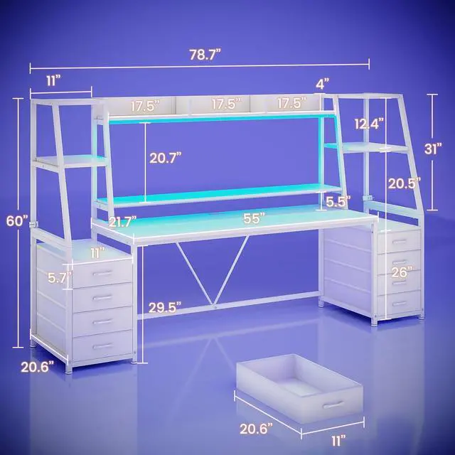 Alt view image 2 of 7 - 78.7" Gaming Desk with LED Lights, 8 Drawers and Storage Shelves, White | Computer Desk with Monitor Stand, Hutch, Large PC Gamer Desk Workstation, Ergonomic Gaming Table for Bedroom, Living Room