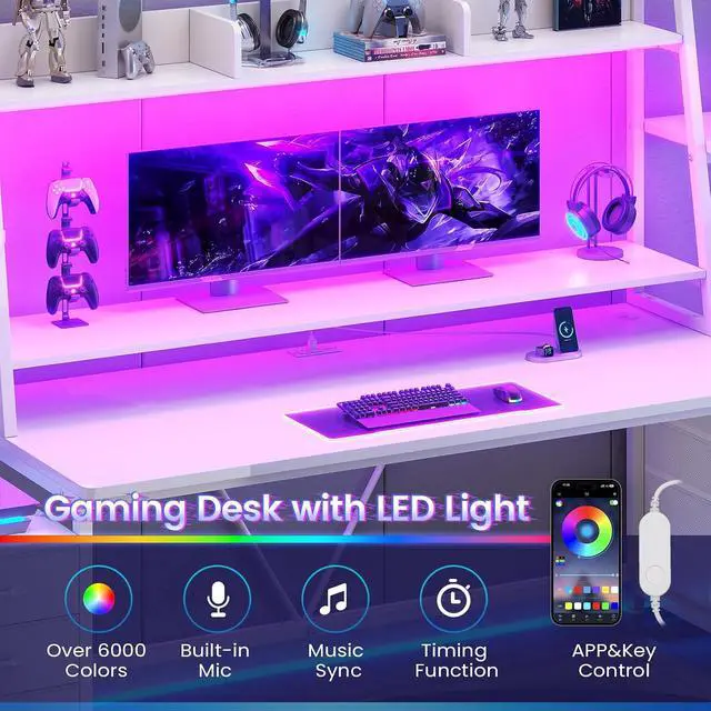 Alt view image 6 of 7 - 78.7" Gaming Desk with LED Lights, 8 Drawers and Storage Shelves, White | Computer Desk with Monitor Stand, Hutch, Large PC Gamer Desk Workstation, Ergonomic Gaming Table for Bedroom, Living Room