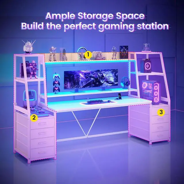 Alt view image 3 of 7 - 78.7" Gaming Desk with LED Lights, 8 Drawers and Storage Shelves, White | Computer Desk with Monitor Stand, Hutch, Large PC Gamer Desk Workstation, Ergonomic Gaming Table for Bedroom, Living Room