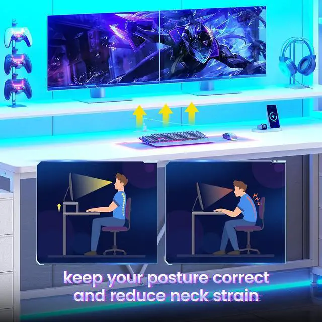 Alt view image 4 of 7 - 78.7" Gaming Desk with LED Lights, 8 Drawers and Storage Shelves, White | Computer Desk with Monitor Stand, Hutch, Large PC Gamer Desk Workstation, Ergonomic Gaming Table for Bedroom, Living Room