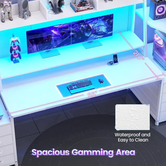 Alt view image 7 of 7 - 78.7" Gaming Desk with LED Lights, 8 Drawers and Storage Shelves, White | Computer Desk with Monitor Stand, Hutch, Large PC Gamer Desk Workstation, Ergonomic Gaming Table for Bedroom, Living Room
