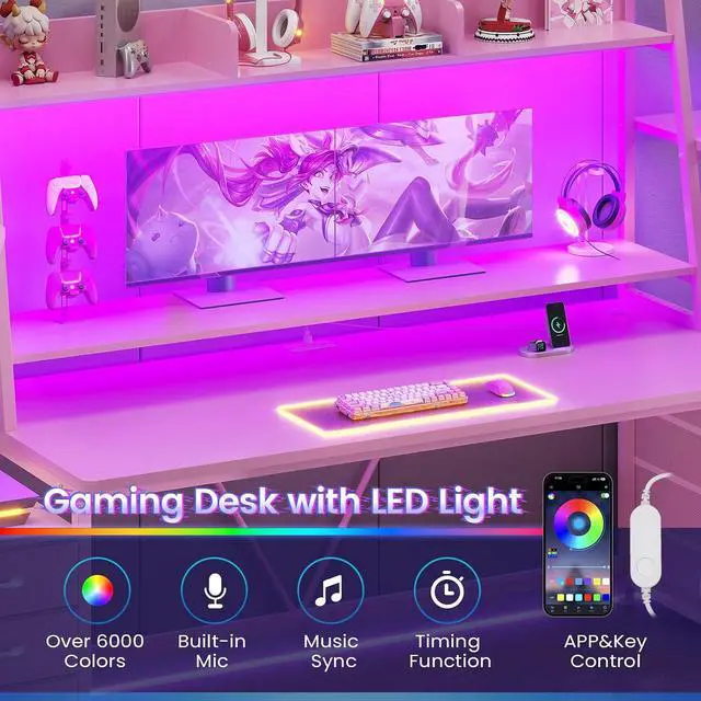 Alt view image 4 of 7 - 78.7" Gaming Desk with LED Lights, 8 Drawers and Storage Shelves, Pink | Computer Desk with Monitor Stand, Hutch, Large PC Gamer Desk Workstation, Ergonomic Gaming Table for Bedroom, Living Room