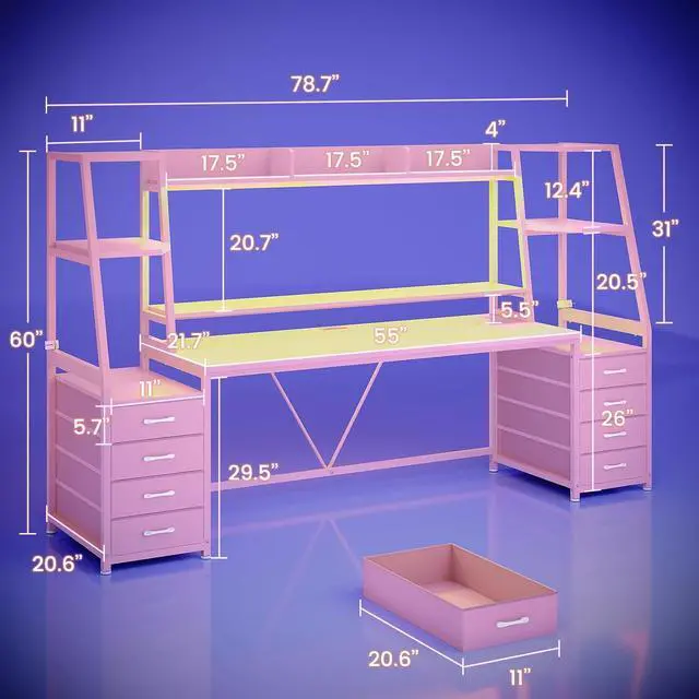 Alt view image 2 of 7 - 78.7" Gaming Desk with LED Lights, 8 Drawers and Storage Shelves, Pink | Computer Desk with Monitor Stand, Hutch, Large PC Gamer Desk Workstation, Ergonomic Gaming Table for Bedroom, Living Room