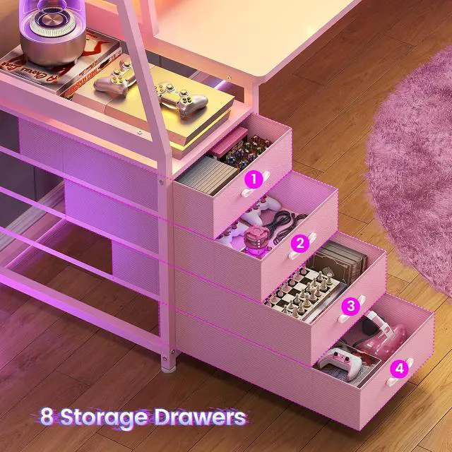 Alt view image 5 of 7 - 78.7" Gaming Desk with LED Lights, 8 Drawers and Storage Shelves, Pink | Computer Desk with Monitor Stand, Hutch, Large PC Gamer Desk Workstation, Ergonomic Gaming Table for Bedroom, Living Room