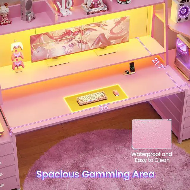 Alt view image 6 of 7 - 78.7" Gaming Desk with LED Lights, 8 Drawers and Storage Shelves, Pink | Computer Desk with Monitor Stand, Hutch, Large PC Gamer Desk Workstation, Ergonomic Gaming Table for Bedroom, Living Room
