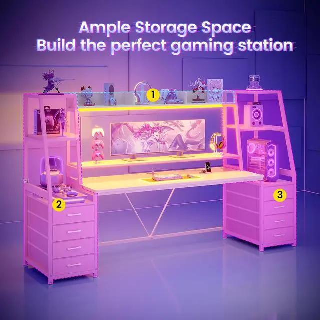 Alt view image 3 of 7 - 78.7" Gaming Desk with LED Lights, 8 Drawers and Storage Shelves, Pink | Computer Desk with Monitor Stand, Hutch, Large PC Gamer Desk Workstation, Ergonomic Gaming Table for Bedroom, Living Room