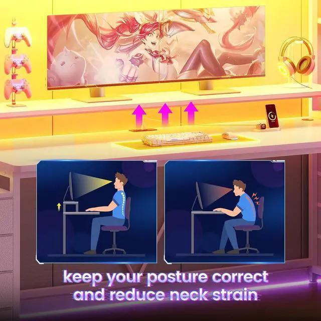 Alt view image 7 of 7 - 78.7" Gaming Desk with LED Lights, 8 Drawers and Storage Shelves, Pink | Computer Desk with Monitor Stand, Hutch, Large PC Gamer Desk Workstation, Ergonomic Gaming Table for Bedroom, Living Room