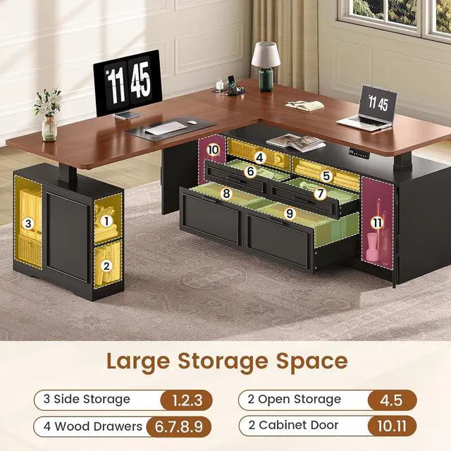 Alt view image 2 of 7 - Farmhouse L Shaped Executive Electric Standing Desk with 4 Drawers | 69" x 55" Height Adjustable Office Desk with Storage Shelves, Power Outlet, Sit Stand Computer Desk, Black and Brown