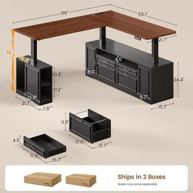Alt view image 6 of 7 - Farmhouse L Shaped Executive Electric Standing Desk with 4 Drawers | 69" x 55" Height Adjustable Office Desk with Storage Shelves, Power Outlet, Sit Stand Computer Desk, Black and Brown
