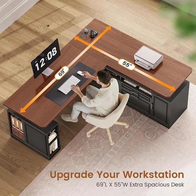 Alt view image 4 of 7 - Farmhouse L Shaped Executive Electric Standing Desk with 4 Drawers | 69" x 55" Height Adjustable Office Desk with Storage Shelves, Power Outlet, Sit Stand Computer Desk, Black and Brown