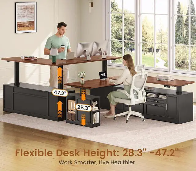 Alt view image 3 of 7 - Farmhouse L Shaped Executive Electric Standing Desk with 4 Drawers | 69" x 55" Height Adjustable Office Desk with Storage Shelves, Power Outlet, Sit Stand Computer Desk, Black and Brown