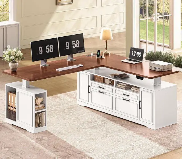 Main image of Farmhouse L Shaped Executive Electric Standing Desk with 4 Drawers | 69" x 55" Height Adjustable Office Desk with Storage Shelves, Power Outlet, Sit Stand Computer Desk, White