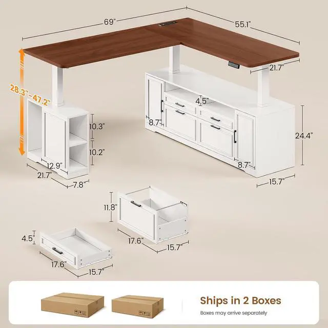 Alt view image 2 of 7 - Farmhouse L Shaped Executive Electric Standing Desk with 4 Drawers | 69" x 55" Height Adjustable Office Desk with Storage Shelves, Power Outlet, Sit Stand Computer Desk, White