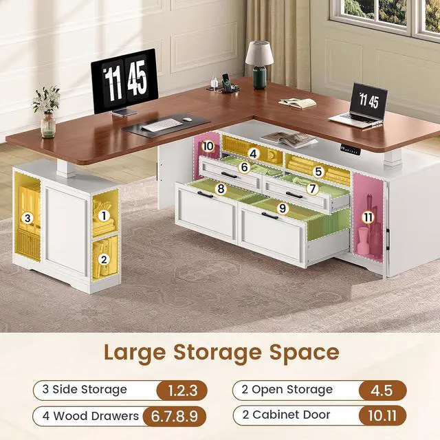 Alt view image 3 of 7 - Farmhouse L Shaped Executive Electric Standing Desk with 4 Drawers | 69" x 55" Height Adjustable Office Desk with Storage Shelves, Power Outlet, Sit Stand Computer Desk, White