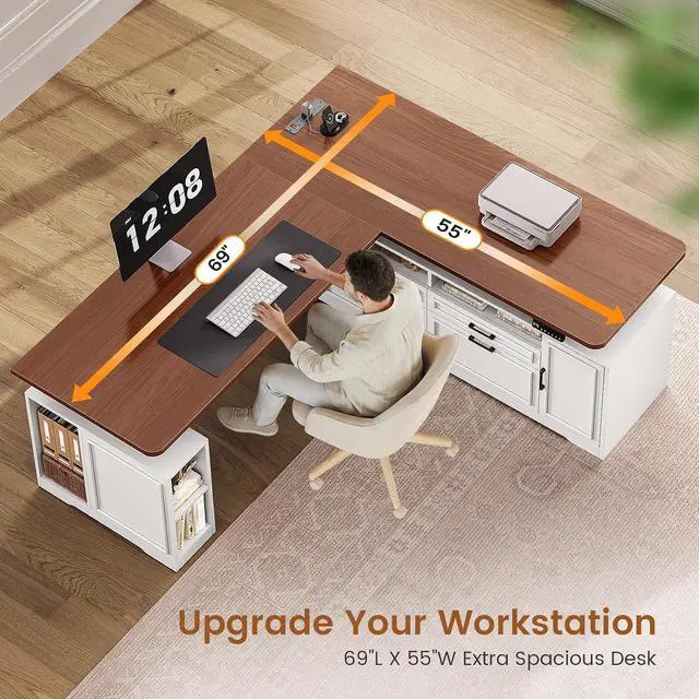 Alt view image 4 of 7 - Farmhouse L Shaped Executive Electric Standing Desk with 4 Drawers | 69" x 55" Height Adjustable Office Desk with Storage Shelves, Power Outlet, Sit Stand Computer Desk, White