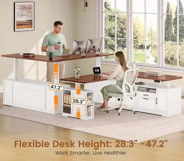 Alt view image 7 of 7 - Farmhouse L Shaped Executive Electric Standing Desk with 4 Drawers | 69" x 55" Height Adjustable Office Desk with Storage Shelves, Power Outlet, Sit Stand Computer Desk, White