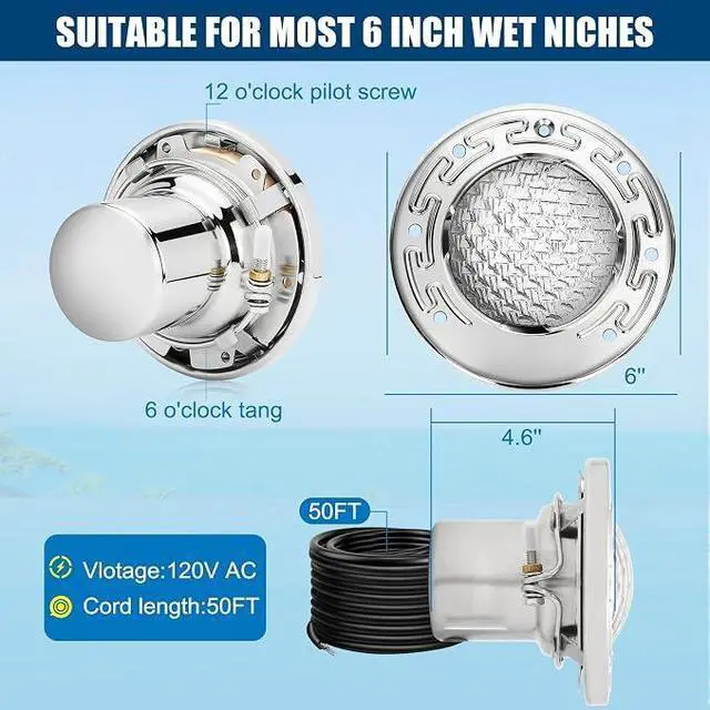 Alt view image 3 of 7 - 6 Inch Spa Light for Inground Pool LED, AC120V 6000K Cool White | Underwater Pool Spa Lights Compatible with Pentair and Hayward 6'' Wet Niches, 316 Stainless Steel,IP68 Waterproof,50FT