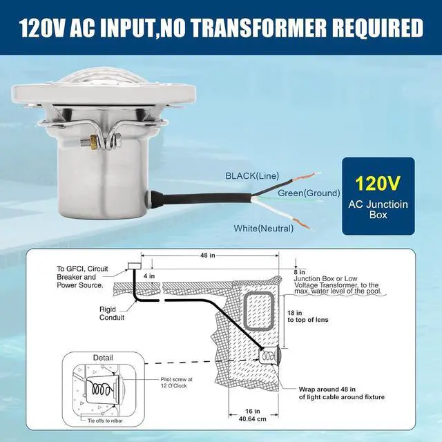 Alt view image 6 of 7 - 6 Inch Spa Light for Inground Pool LED, AC120V 6000K Cool White | Underwater Pool Spa Lights Compatible with Pentair and Hayward 6'' Wet Niches, 316 Stainless Steel,IP68 Waterproof,50FT
