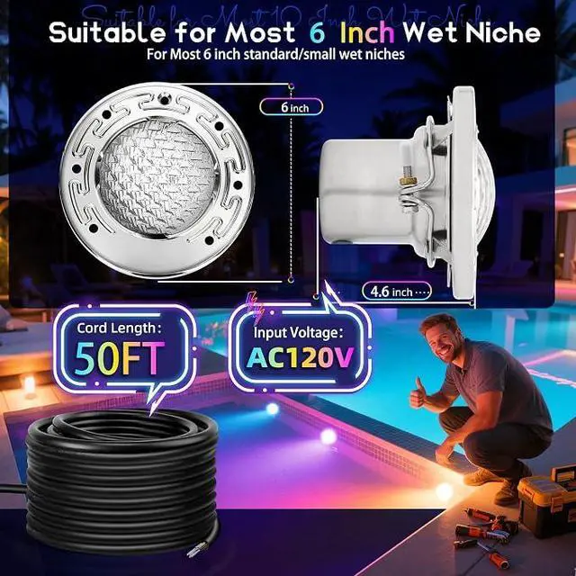 Alt view image 2 of 7 - 6 Inch Spa Light for Inground Pool,AC120V Color Changing | RGBW Remote Control,12W LED(150W Equivalent),Underwater Spa Light Fits for 6" Small Wet Niches, IP68 Waterproof,50FT Cord