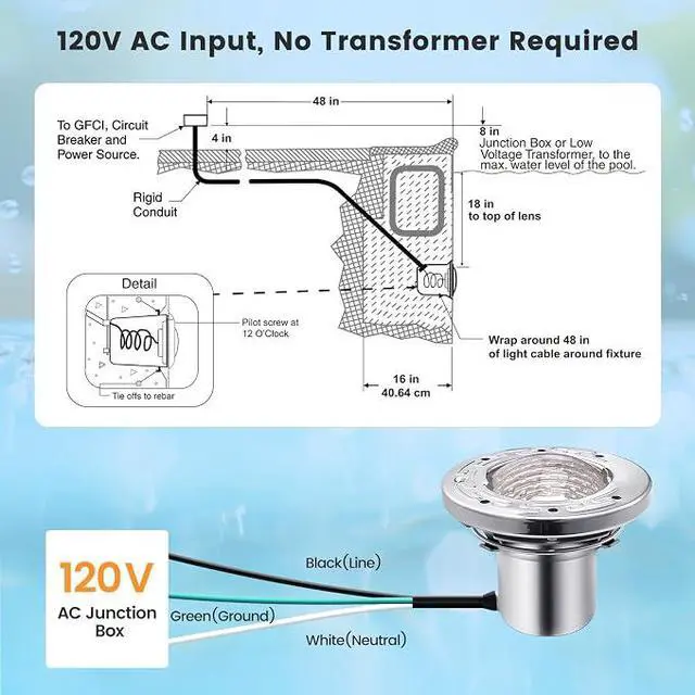 Alt view image 7 of 7 - 6 Inch Small LED Spa Light for Inground Pool, 120V, 100FT Cord | 10W LED, Cool White 6000K, Underwater Pool Light Replacement, Fits Pentair and Hayward Wet Niches, IP68 Waterproof