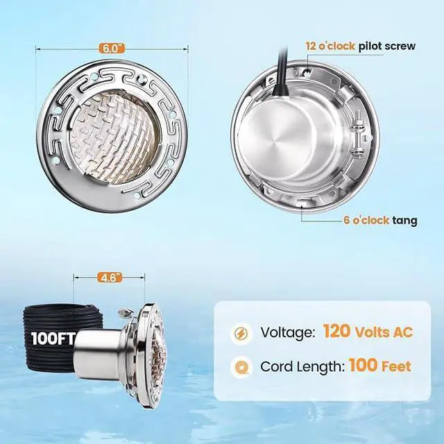 Alt view image 6 of 7 - 6 Inch Small LED Spa Light for Inground Pool, 120V, 100FT Cord | 10W LED, Cool White 6000K, Underwater Pool Light Replacement, Fits Pentair and Hayward Wet Niches, IP68 Waterproof