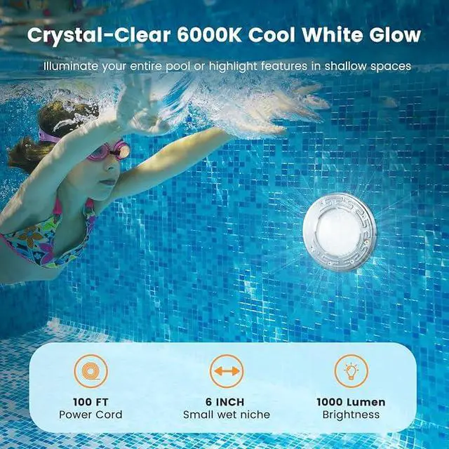 Alt view image 5 of 7 - 6 Inch Small LED Spa Light for Inground Pool, 120V, 100FT Cord | 10W LED, Cool White 6000K, Underwater Pool Light Replacement, Fits Pentair and Hayward Wet Niches, IP68 Waterproof