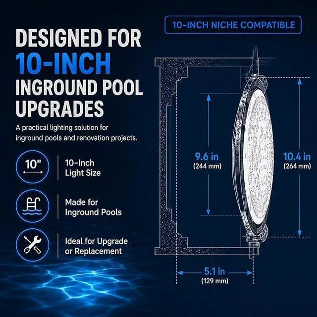 Alt view image 6 of 7 - 10 Inch LED Pool Light for Inground Pools, 120V 35W Ultra-Bright White Swimming Pool Lights Replacement, Compatible with Standard 10-Inch Wet Niche, IP68 Waterproof with 50-Foot Cord