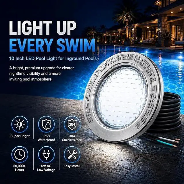 Alt view image 4 of 7 - 10 Inch LED Pool Light for Inground Pools, 120V 35W Ultra-Bright White Swimming Pool Lights Replacement, Compatible with Standard 10-Inch Wet Niche, IP68 Waterproof with 50-Foot Cord