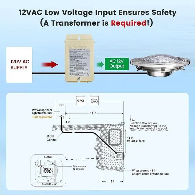 Alt view image 7 of 7 - 12V AC Pool Lights for Inground Pool, 10 Inch, 35W LED, 3000 LM | 6000K Cool White, Swimming Pool Light for Pentair Wet Niches, Underwater Pool Light Replacement, IP68 Waterproof, 50FT Cord