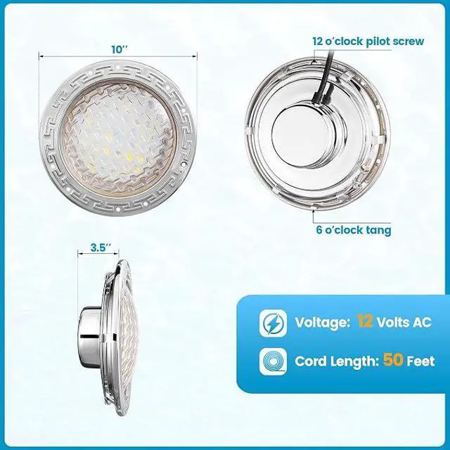 Alt view image 4 of 7 - 12V AC Pool Lights for Inground Pool, 10 Inch, 35W LED, 3000 LM | 6000K Cool White, Swimming Pool Light for Pentair Wet Niches, Underwater Pool Light Replacement, IP68 Waterproof, 50FT Cord