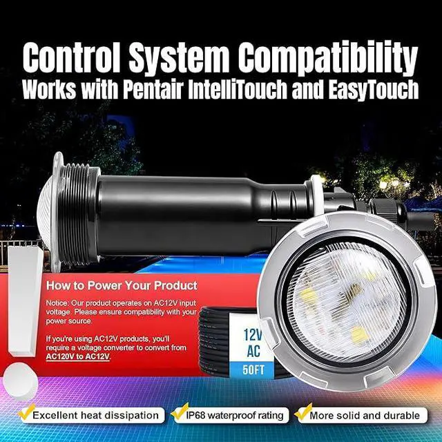 Alt view image 6 of 7 - Pool Lights for Inground Pool, Direct Replacement for Pentair GloBrite MicroBrite, 1.5 Inch LED Color Inground Pool & Spa Light, IP68 Waterproof, AC12V, 50 ft Cord