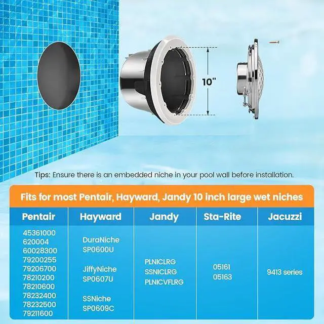 Alt view image 5 of 7 - 120V LED Pool Lights for Inground Pool, 10 Inch, 5000 Lumen | 50W LED (500W Equivalent), 5000 Lumen Ultra Bright Upgrade, Cool White Inground Pool Light, Fits 10" Wet Niches, 100FT Cord