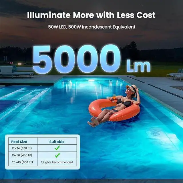 Alt view image 6 of 7 - 120V LED Pool Lights for Inground Pool, 10 Inch, 5000 Lumen | 50W LED (500W Equivalent), 5000 Lumen Ultra Bright Upgrade, Cool White Inground Pool Light, Fits 10" Wet Niches, 100FT Cord